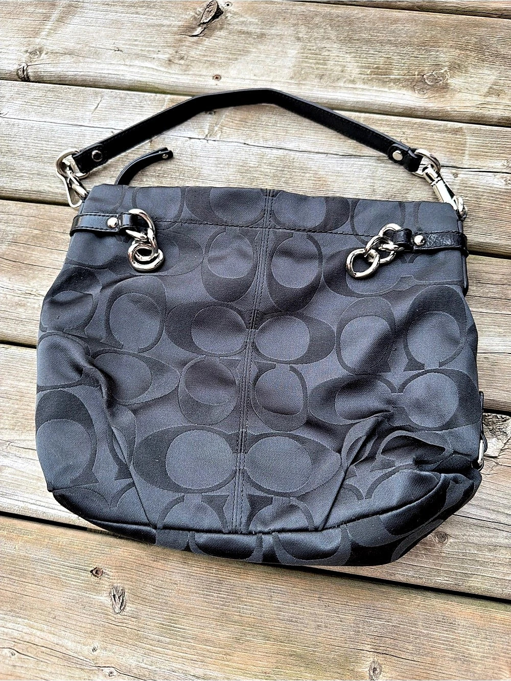 Coach Black Signature Canvas Shoulder Bag Silver-Tone Chain Hardware